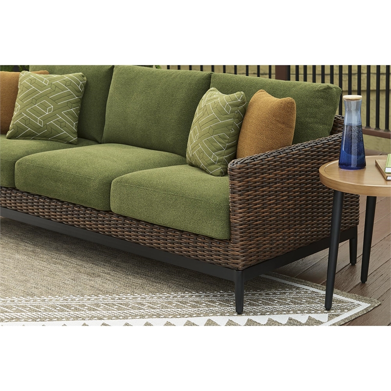 Bowery Hill Brown & Green Outdoor Wicker Sofa with Nuvella Cushions