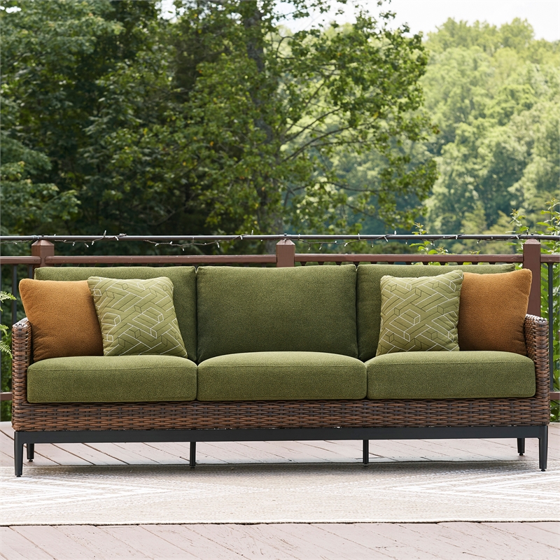 Bowery Hill Brown & Green Outdoor Wicker Sofa with Nuvella Cushions