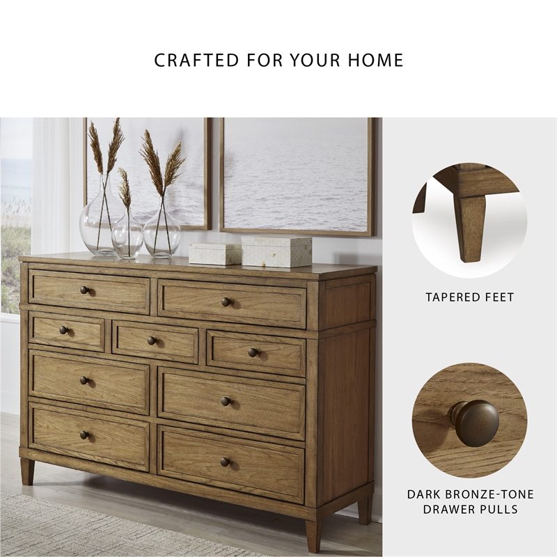 Bowery Hill Light Brown 9-Drawer Dresser with Dark Bronze Pulls