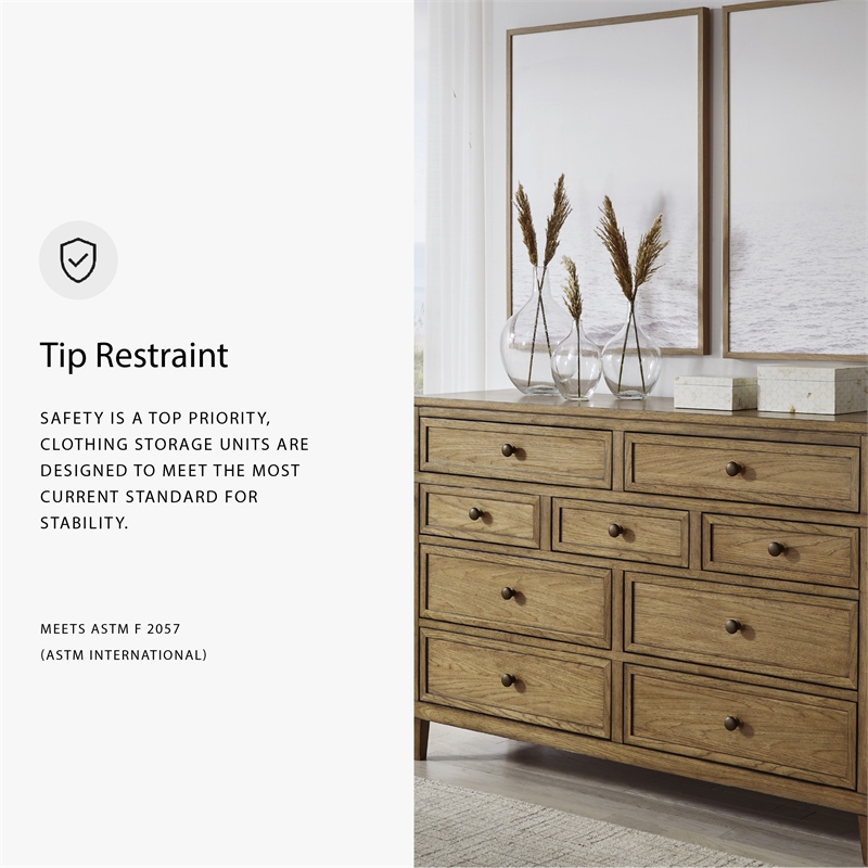 Bowery Hill Light Brown 9-Drawer Dresser with Dark Bronze Pulls