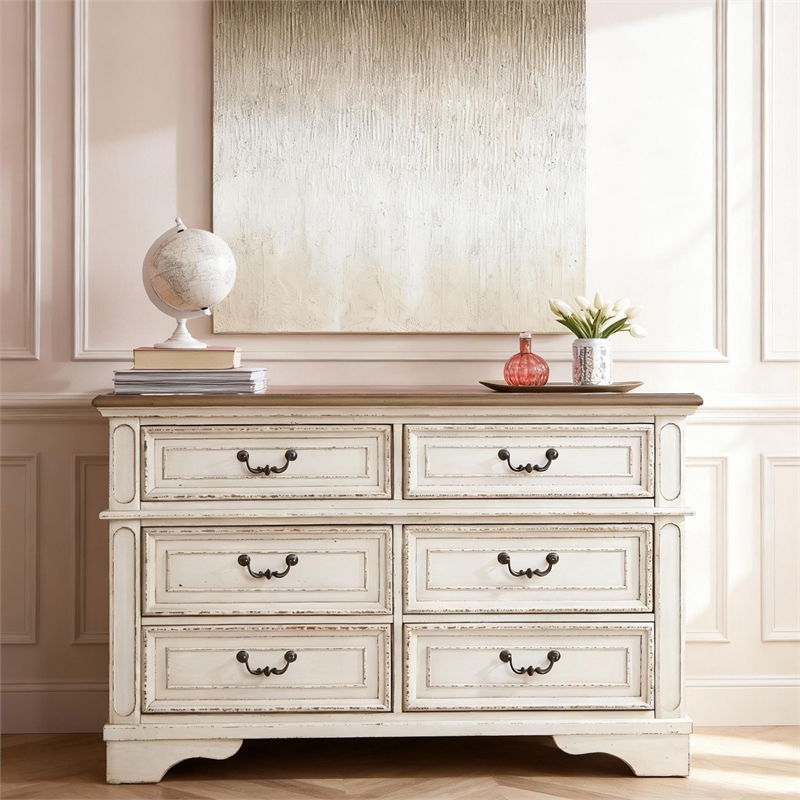 Bowery Hill 6-Drawer Bedroom Dresser in Antique White and Gray