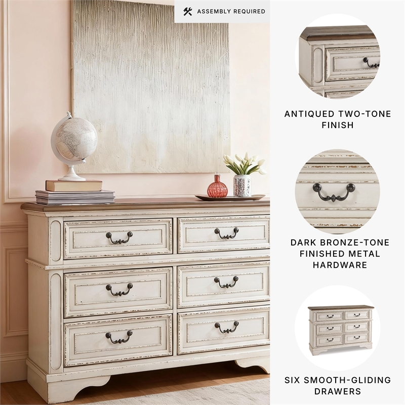 Bowery Hill 6-Drawer Bedroom Dresser in Antique White and Gray