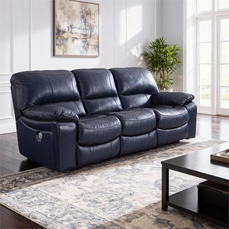 Bowery Hill Blue Leather Power Reclining Sofa with USB Charging