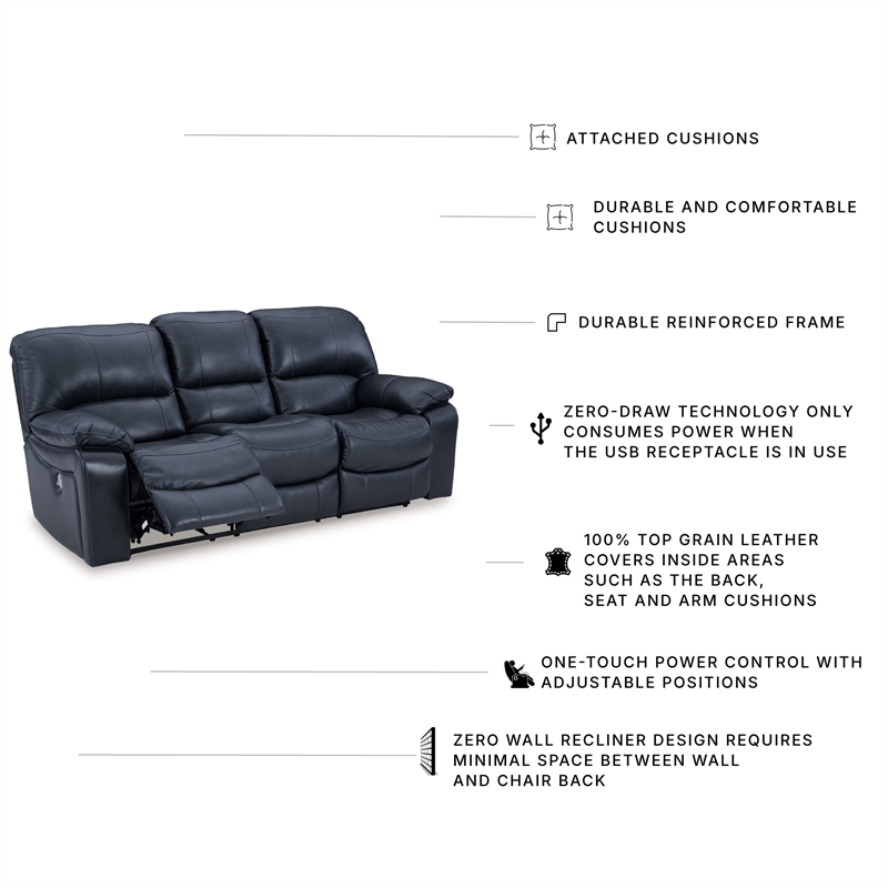 Bowery Hill Blue Leather Power Reclining Sofa with USB Charging