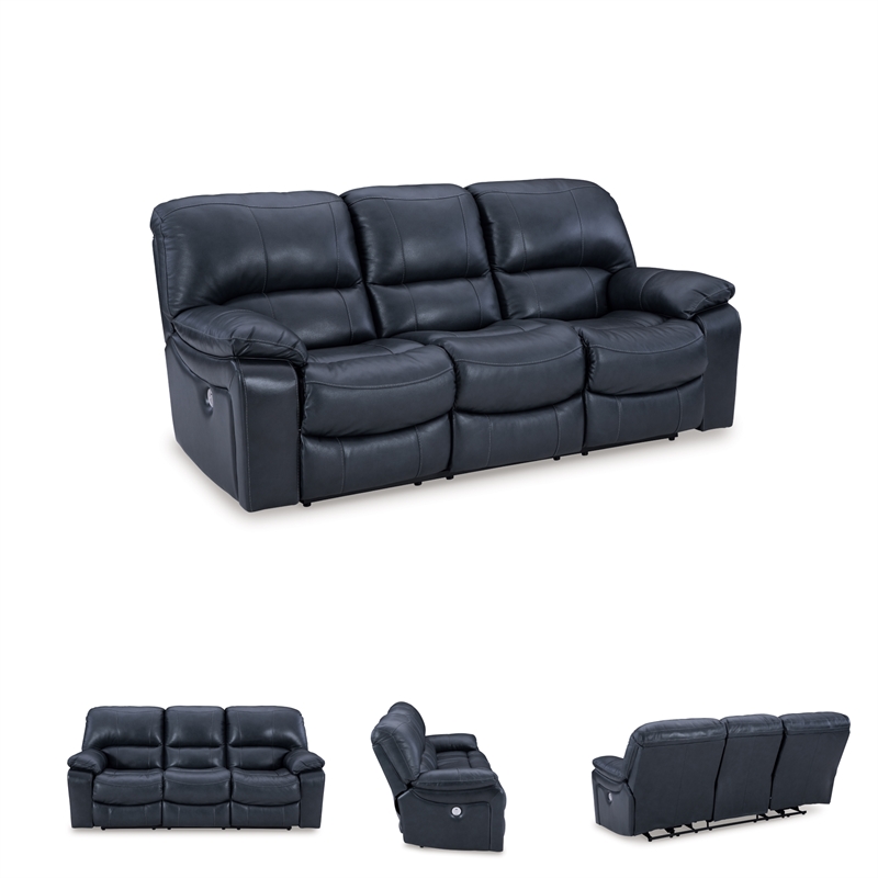 Bowery Hill Blue Leather Power Reclining Sofa with USB Charging