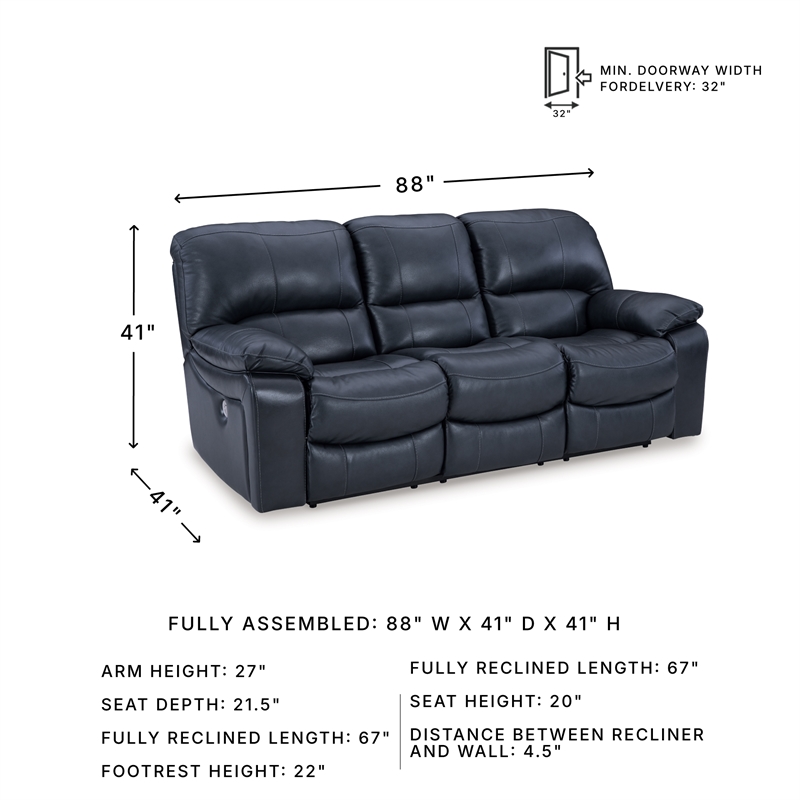 Bowery Hill Blue Leather Power Reclining Sofa with USB Charging