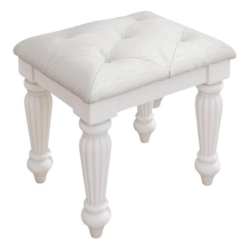 Bowery Hill White Vanity Stool with Ornate Button-Tufted Seat
