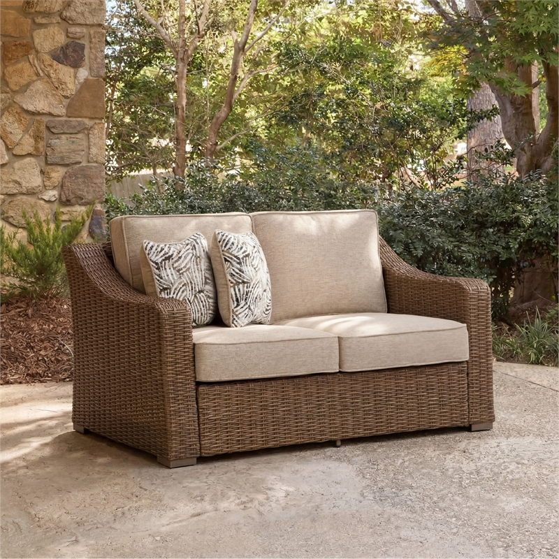 Bowery Hill Outdoor Wicker Loveseat with Nuvella Cushions and Pillows
