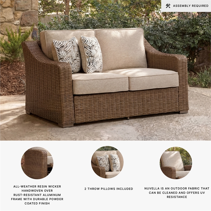 Bowery Hill Outdoor Wicker Loveseat with Nuvella Cushions and Pillows