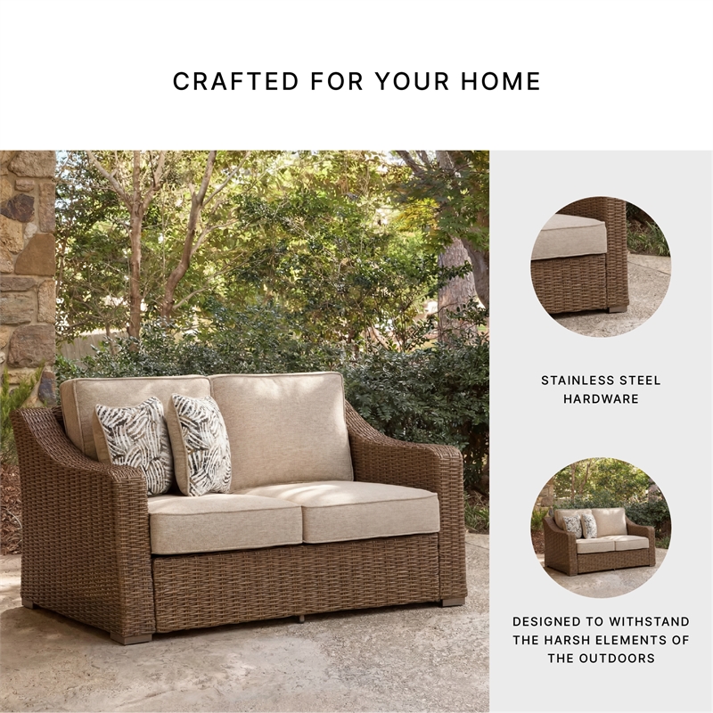 Bowery Hill Outdoor Wicker Loveseat with Nuvella Cushions and Pillows