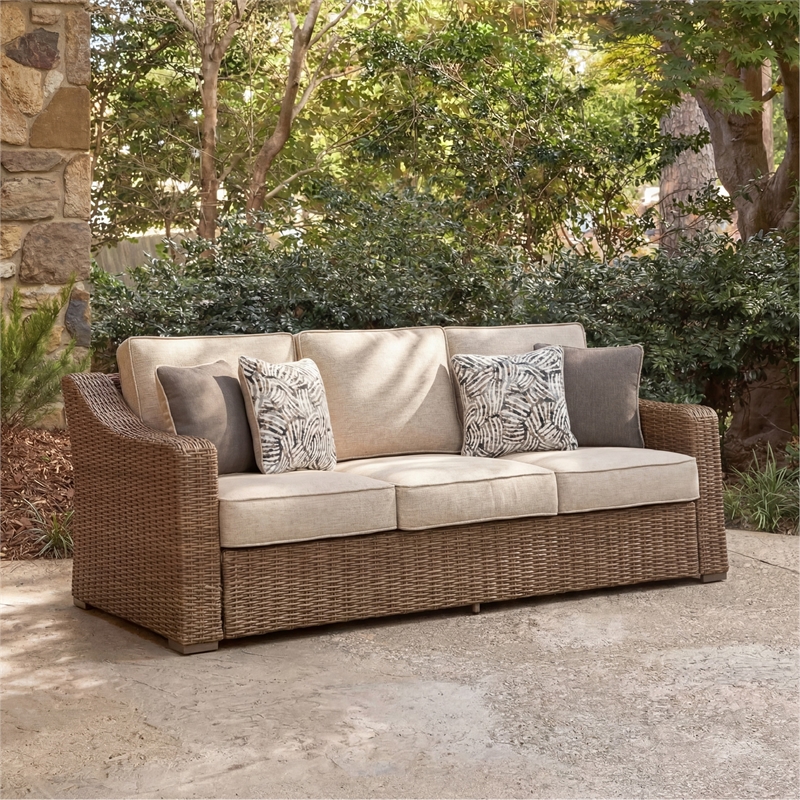 Bowery Hill Outdoor Wicker Sofa with Nuvella Cushions and Pillows