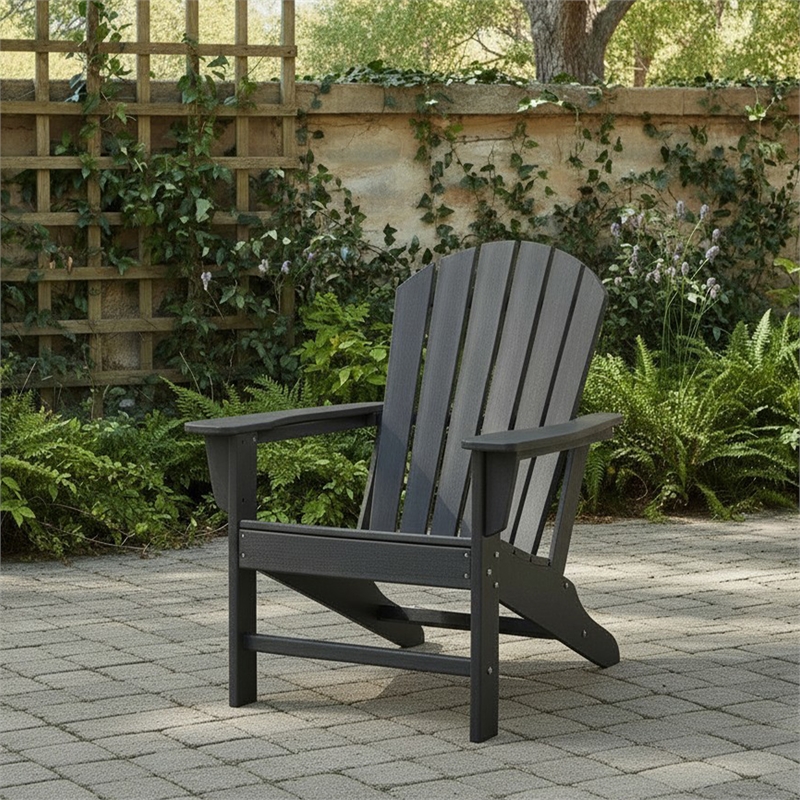 Bowery Hill HDPE Outdoor Adirondack Chair with Slatted Back in Black