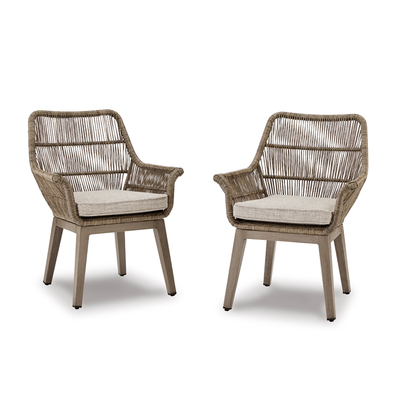 Bowery Hill Set of 2 Outdoor Wood-Look Arm Chairs with Cushion