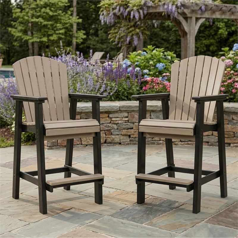 Bowery Hill Set of 2 Outdoor Armrest Bar Stools in Driftwood & Black