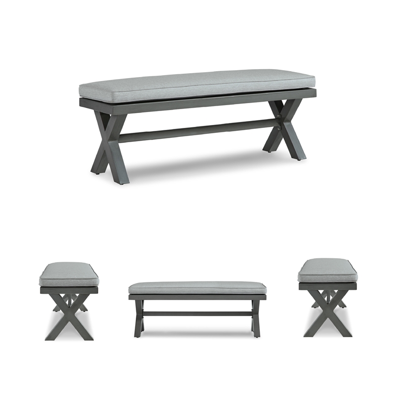 Bowery Hill Gray Outdoor Bench with Nuvella Cushion and Wood Look