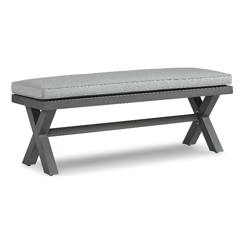 Bowery Hill Gray Outdoor Bench with Nuvella Cushion and Wood Look