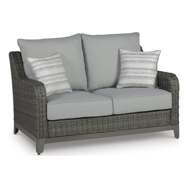 Bowery Hill Gray Outdoor Wicker Loveseat with Cushions and Pillows