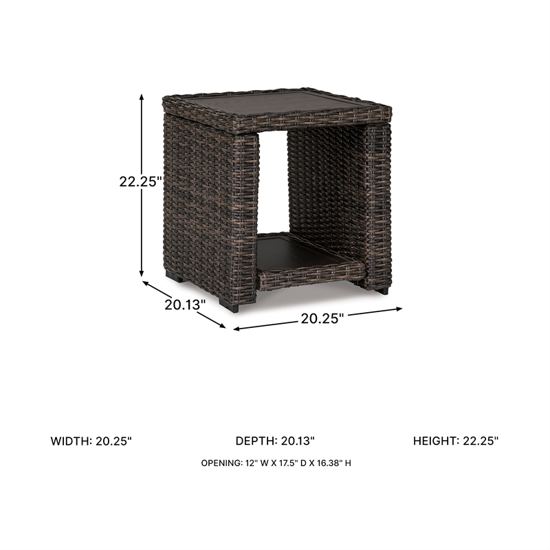 Bowery Hill Outdoor Wicker End Table with an Aluminum Top and Shelf