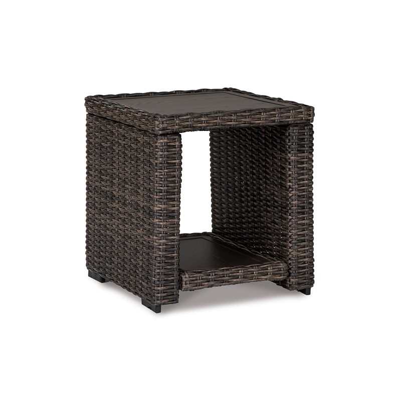 Bowery Hill Outdoor Wicker End Table with an Aluminum Top and Shelf