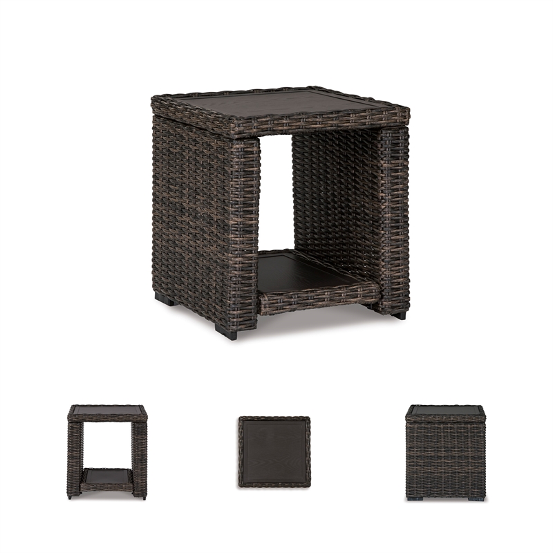 Bowery Hill Outdoor Wicker End Table with an Aluminum Top and Shelf