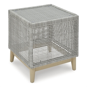 Bowery Hill Outdoor Wicker End Table with Tempered Glass Top