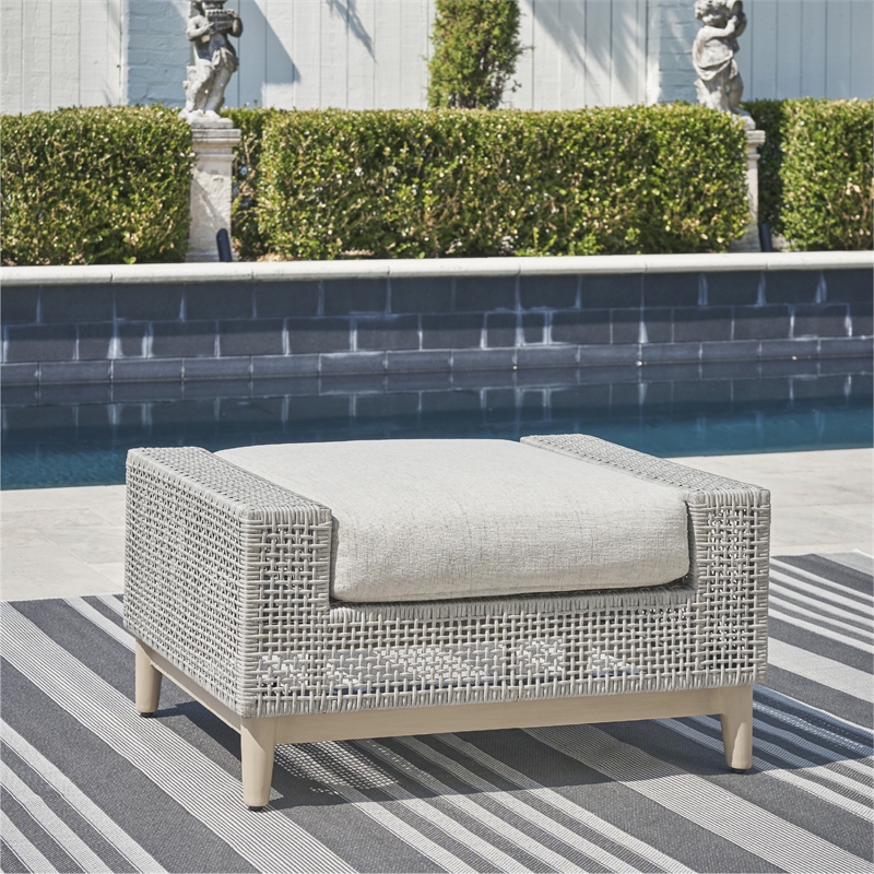 Bowery Hill Neutral Outdoor Wicker Ottoman with Nuvella Cushion