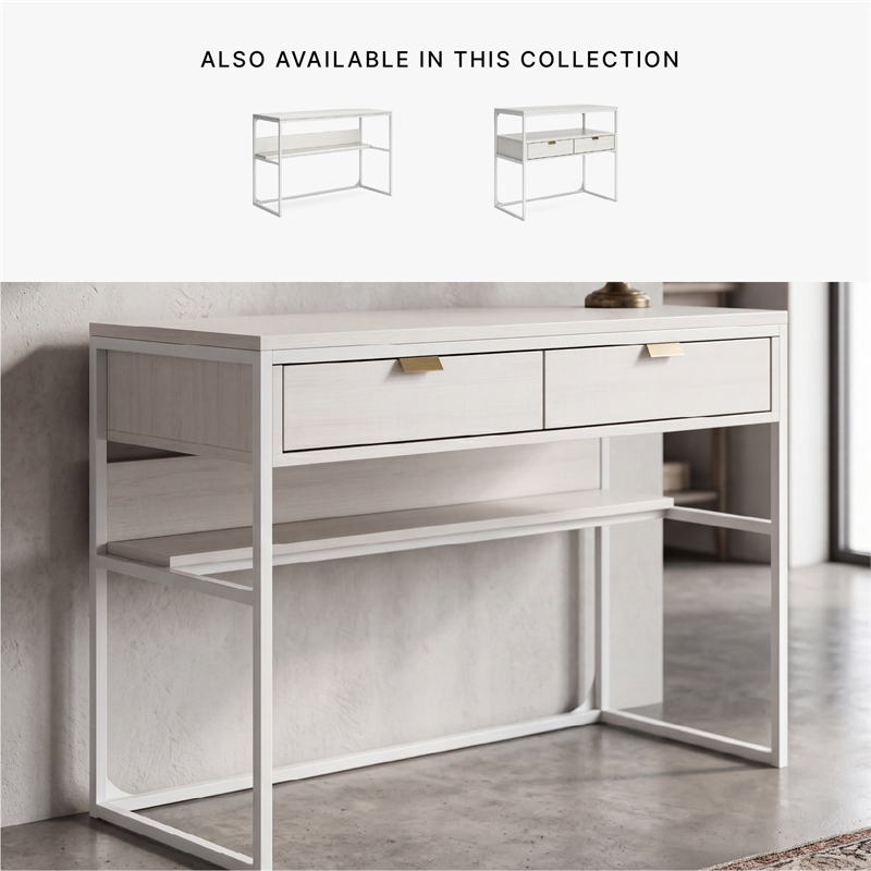 Bowery Hill White Home Office Desk with a Rear Shelf and Metal Frame