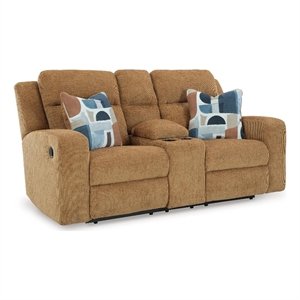 Bowery Hill Reclining Loveseat with Console and Accent Pillows in Orange