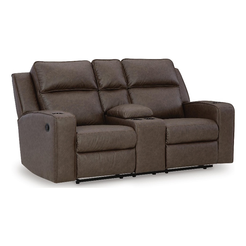 Bowery Hill Faux Leather Reclining Loveseat with Console in Brown