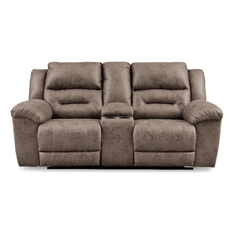 Bowery Hill Faux Leather Reclining Loveseat with Console in Gray