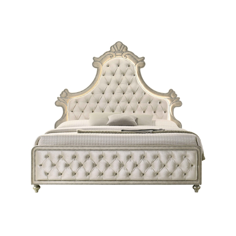 Bowery Hill Velvet Upholstered Eastern King Bed with LED in Beige