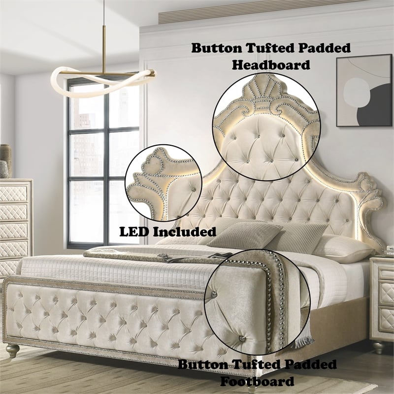 Bowery Hill Velvet Upholstered Eastern King Bed with LED in Beige