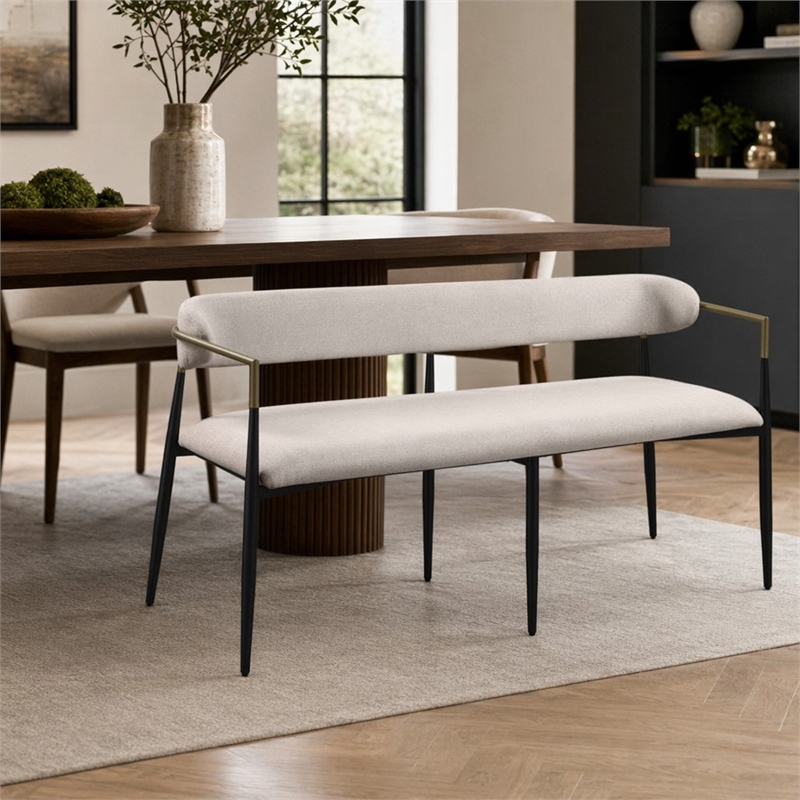 Bowery Hill Upholstered Dining Bench in Beige Chenille and Black Finish