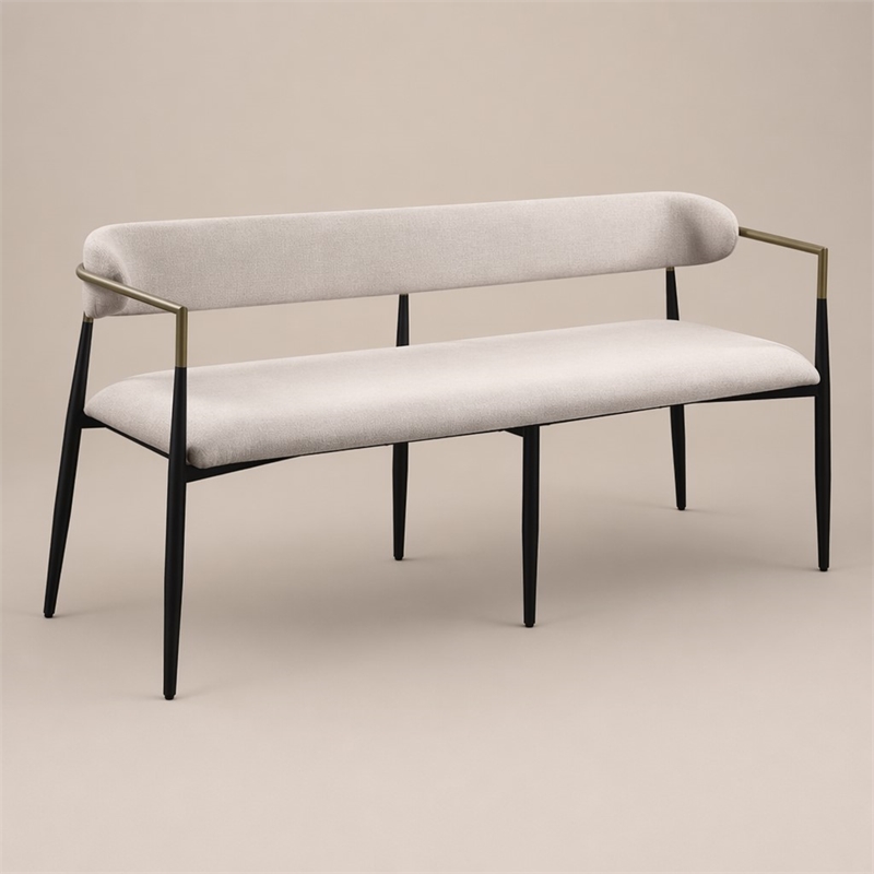 Bowery Hill Upholstered Dining Bench in Beige Chenille and Black Finish