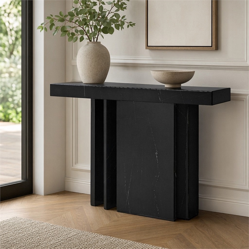 Bowery Hill Rectangular Console Table in Black Mirrored Finish with Marble