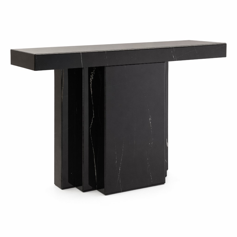 Bowery Hill Rectangular Console Table in Black Mirrored Finish with Marble