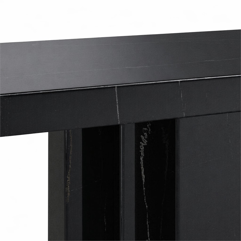 Bowery Hill Rectangular Console Table in Black Mirrored Finish with Marble