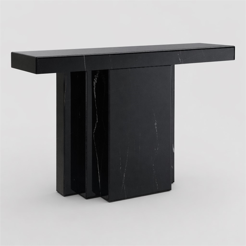 Bowery Hill Rectangular Console Table in Black Mirrored Finish with Marble