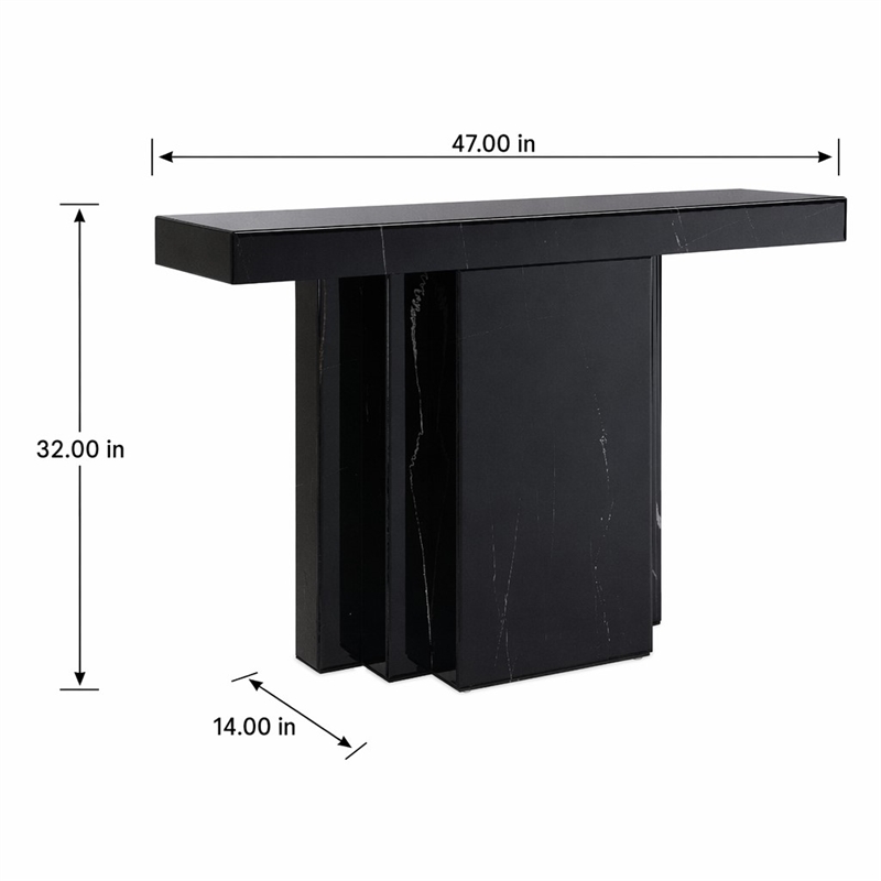 Bowery Hill Rectangular Console Table in Black Mirrored Finish with Marble