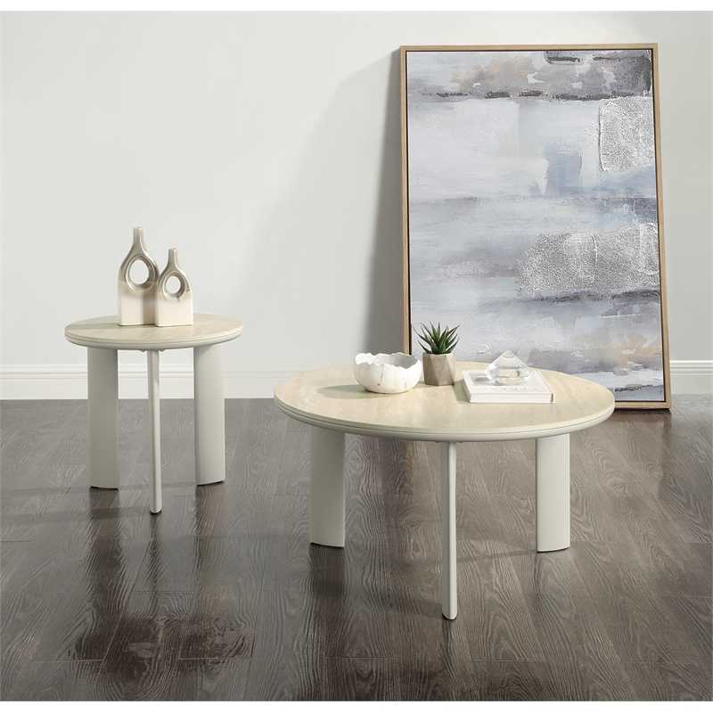 Bowery Hill Round Coffee Table with Ceramic Top in Light Gray