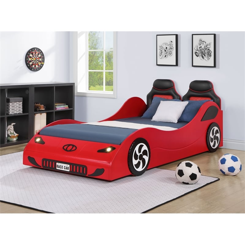 Bowery Hill Transitional Red Twin Car Bed with Pine and PU Leather