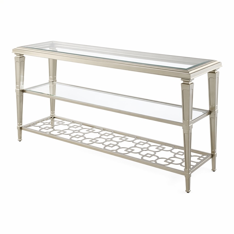 Bowery Hill Rectangular Metal Sofa Table with Tempered Glass Top in Silver