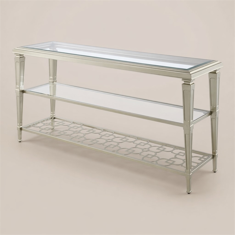 Bowery Hill Rectangular Metal Sofa Table with Tempered Glass Top in Silver