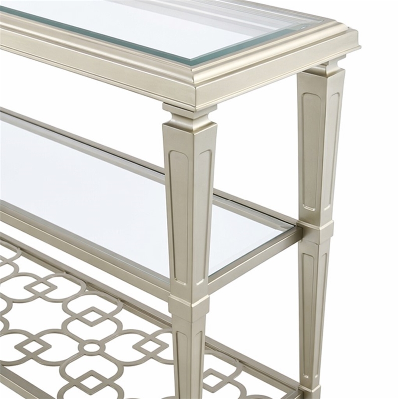 Bowery Hill Rectangular Metal Sofa Table with Tempered Glass Top in Silver