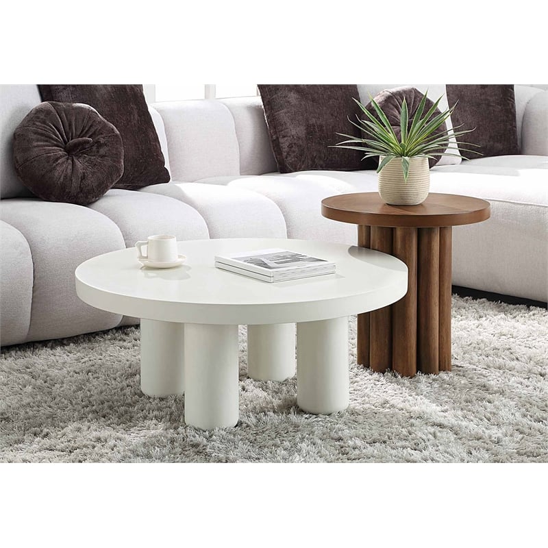 Bowery Hill Round Coffee Table with Cylindrical Legs in White Finish