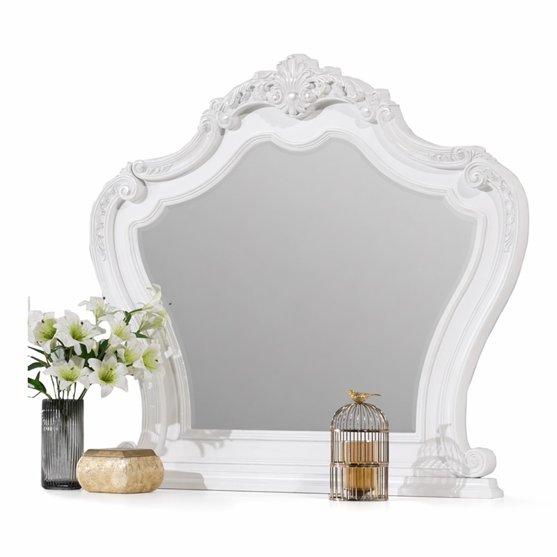 Bowery Hill White Wood Rectangular Mirror with Scroll Carving Details