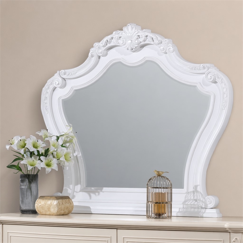 Bowery Hill White Wood Rectangular Mirror with Scroll Carving Details