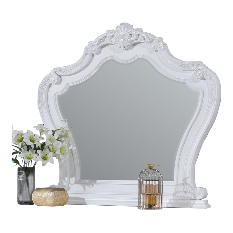 Bowery Hill White Wood Rectangular Mirror with Scroll Carving Details