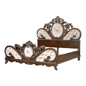 Bowery Hill Upholstered Queen Bed in Cream Fabric and Cherry Wood Finish