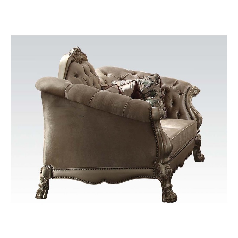 Bowery Hill Loveseat with 5 Pillows in Bone Velvet and Gold Patina